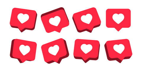 Leinwandbilder - 3d Like and love icon button. heart flat icon in modern speech bubble shapes , Social media notification icons. emoji post reactions set. Vector illustration