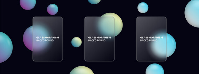 glassmorphism background banner with transparent glass frame template in modern style . Realistic Frosted glass morphism effect with blurred abstract gradient circle shapes. Vector illustration
