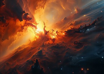 sunset sky flowing lava deep space closeup whirling gasses singularities baroque
