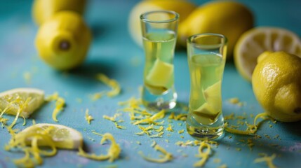 Poster -  a blue table topped with two glasses filled with lemonade and lemon wedges next to lemons and lemon wedges.