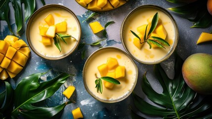 Sticker -  a table topped with three bowls filled with mango custard and topped with green leaves and sliced mangoes.