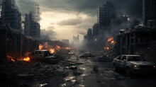 War Apocalyptic City. . Destroyed Buildings, Burnt Out Vehicles And Ruined Roads. Generative Ai