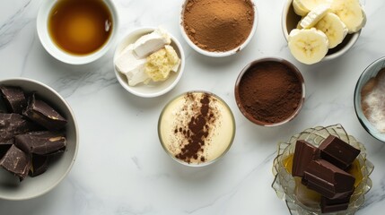 Sticker -  a table topped with bowls filled with different types of chocolates and other desserts next to a bowl of bananas.