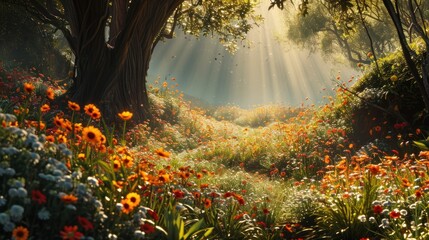 Wall Mural -  the sun shines through the trees and flowers in a field of wildflowers in the foreground, while the sun shines through the trees and flowers in the background.