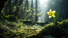  A Single Yellow Flower Sitting On Top Of A Moss Covered Ground In The Middle Of A Forest With Sunlight Streaming Through The Trees.