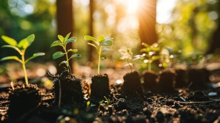 Poster -  a close up of a group of small plants growing out of dirt in a forest with the sun shining through the trees.