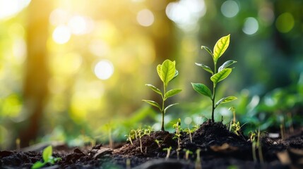  two young plants sprouting out of the ground in the middle of a forest with sunlight shining through the trees.