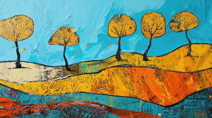 Canvas Print -  a painting of trees on a hill with a blue sky in the background and a painting of yellow trees on a hill with a blue sky in the foreground.