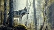  a wolf standing in the middle of a forest with trees and moss growing on it's sides and a foggy sky in the background.