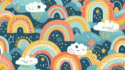 Poster -  a pattern of rainbows, clouds, and stars on a blue background with stars and clouds in the sky.