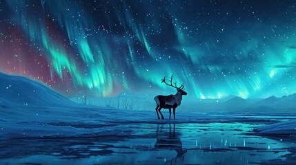 Sticker -  a deer standing in the middle of a frozen lake under a sky filled with green and purple aurora bores.