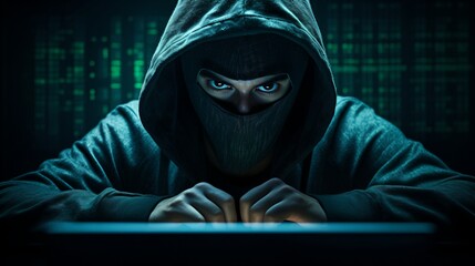 A masked hacker in a hoodie is sitting in front of a computer.
