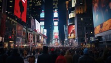 Crowded New York City Times Square At Night With Bright Billboards