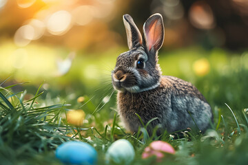 Grey Easter bunny with eggs in the grass. 