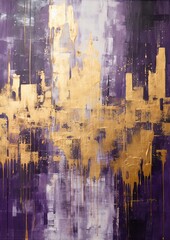 Wall Mural - an abstract cityscape with purple and metallic gold.