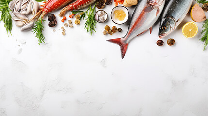 Wall Mural - fresh fish and seafood on marble table flat lay space for text