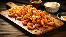 Fried Calamari Squid Appetizer On Wooden Serving Tray
