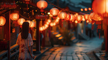 Woman With Red Lanterns Decorating A Bridge Street