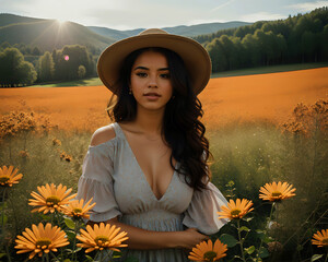 A youthful woman embraces the vibrant beauty of a blossoming meadow during the refreshing and invigorating season of spring, surrounded by a symphony of colorful flowers