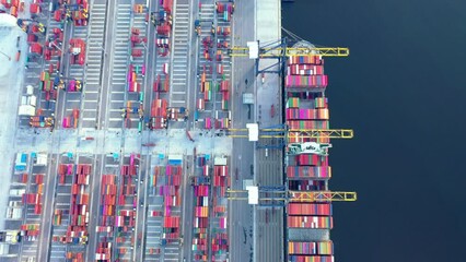 Poster - Container ship, Business logistic import-export transport international and transportation of containers in port , Shipping container buildings, Aerial at night view of Shipping container worldwide