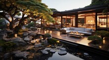 Modern Japanese House With A Beautiful Garden And Pond