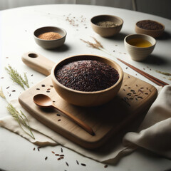 Wild rice in bowl on rustic wooden. Arroz salvaje en un tazón sobre madera rústica.