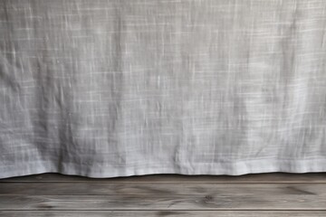 Poster - Top view of a wooden table with a gray handmade tablecloth and food in the background.