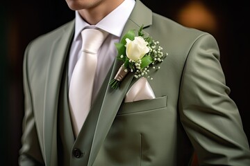 Wall Mural - Close-up wedding photo of a dapper groom in a green suit, white shirt, and boutonniere.