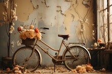Vintage Bicycle With A Basket Full Of Flowers