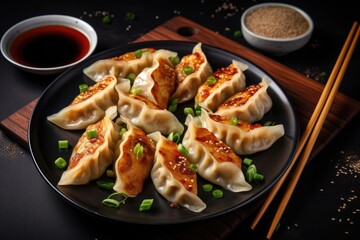 Sticker - Chinese dumplings on bamboo plate with soy sauce top view black concrete background