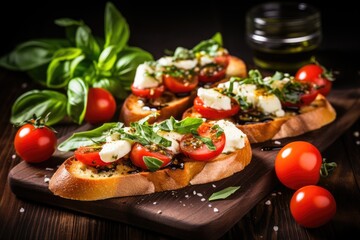 Sticker - Italian tapas with fresh tomato, basil, cheese, vegetables, herbs, oil on grilled bread.