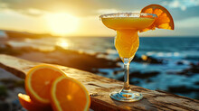 The Refreshing Orange Margarita With Salt On The Edge Of The Glass, Against The Backdrop Of The Wa