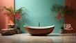 Freestanding copper bathtub in a tropical setting