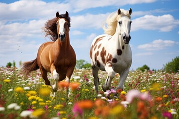 Two horses gallop on a flower filled field with a blue sky backdrop