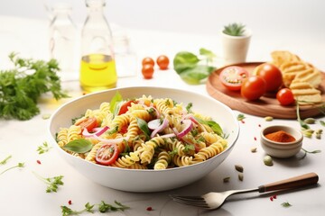 Wall Mural - Tasty pasta salad and ingredients on light background served on a plate and bowl
