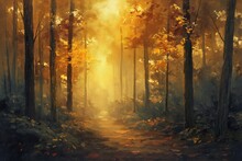 Beautiful Forest Sunrise Landscape Painting, Nature Artwork, Rustic Home Decor, Scenic Oil On Canvas, Modern Art, Camping And Travel Marketing Concept Imagery