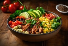 Mexican Style Chicken Salad Bowl With Rice Beans Corn Tomato Avocado And Spinach