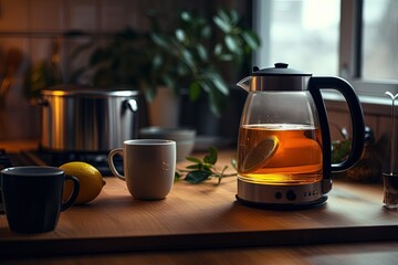 Wall Mural - Electric kettle tea and honey on kitchen table