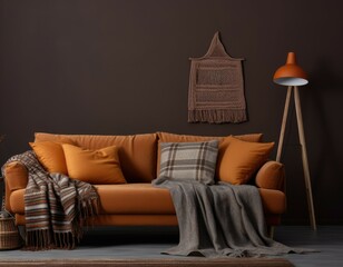 Poster - Modern living room with stylish interior featuring a sofa a knitted plaid and a brown wall