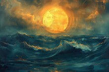 Beautiful Full Moon Ocean Landscape Painting, Nature Artwork, Rustic Home Decor, Scenic Oil On Canvas, Modern Art, Camping And Travel Marketing Concept Imagery