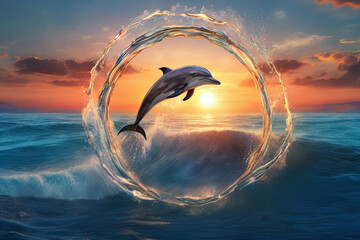 Sunset dolphin play. Playful leap forms water ring in ocean backdrop. Captivating wallpaper concept of nature's playful beauty.