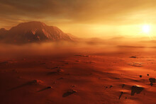 A Spectacular View Of The Red Martian Surface, With Towering Olympus Mons In The Distance, Long Shadows Cast By The Sunset, And A Dust Storm Emerging On The Horizon Majestic Mars