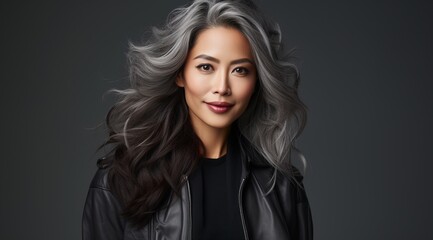 Wall Mural - Elegant Asian woman with gray hair wearing a black leather jacket