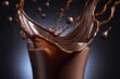Floating hot liquid chocolate splash in a dark background for advertisement. AI generated.