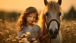 cute little girl with her horse on a lovely meadow