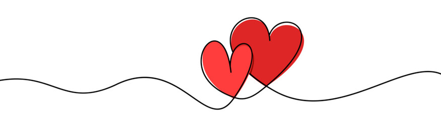 Wall Mural - two red hearts continuous wavy line art drawing on white background.