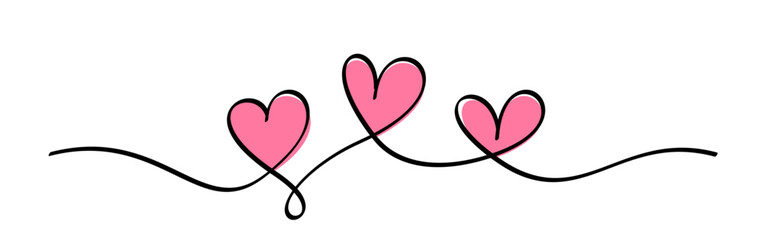 Wall Mural - three pink hearts continuous wavy line art drawing on white background.