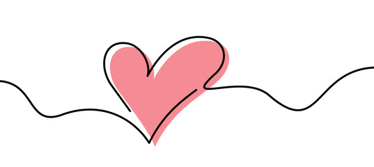 Wall Mural - single pink heart continuous wavy line art drawing on white background.