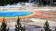 Spectacular panoramic views of Grand Prismatic Geyser in Yellowstone National Park, Wyoming Montana. Midway Geyser Basin. Great hiking. Summer wonderland to watch natural landscape. Geothermal.