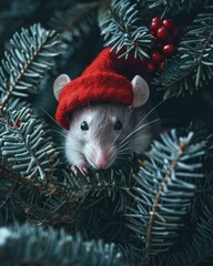 Poster - A rat wearing a red hat in a christmas tree. Generative AI.